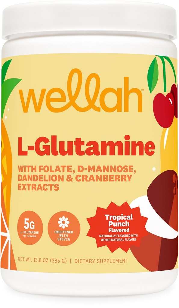 Wellah L-Glutamine אבקה טרופית Punch (50 משרתות) - 5g L-Glutamine Per המשרת, מתוקן עם Stevia
