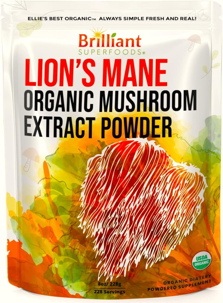 אריה הטוב ביותר של אלי Mane Mushroom לחלץ אבקה תוספת אורגני 228 לשרתים - כפול מפלט לפוטנטיות הגבוהה ביותר - Dissolves in Coffee, Tea, Juice וכו ' 8oz