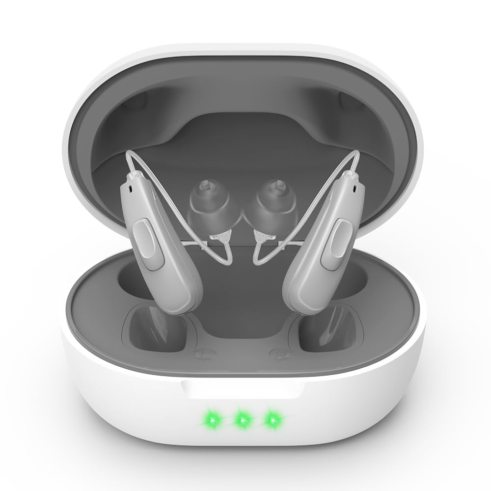 True Hearing Aids (Not amplifier) 11 צ'נאלס מקצועי Rechargeable Waterהוכחה לסיוע עבור מבוגרים לשרת עם Noise בוטלה השמיעה סיוע עם תיבת צ'ינג מגנטית (Grey)
