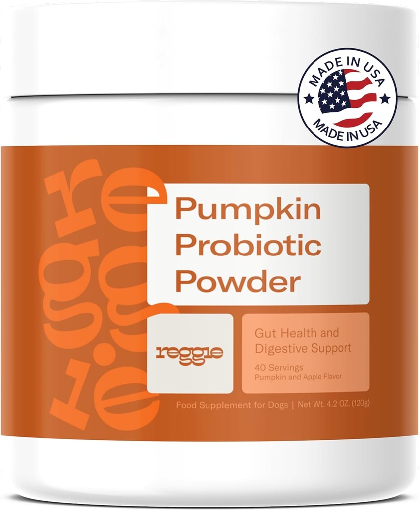 Reggie Pumpkin Probiotic אבקה לכלבים | 7-Strain Probiotics + Pumpkin for Gut Health, Digestion & Stool Consistency | Natural Dog Digestive Supplemented & Made in USA | 40 Scoops