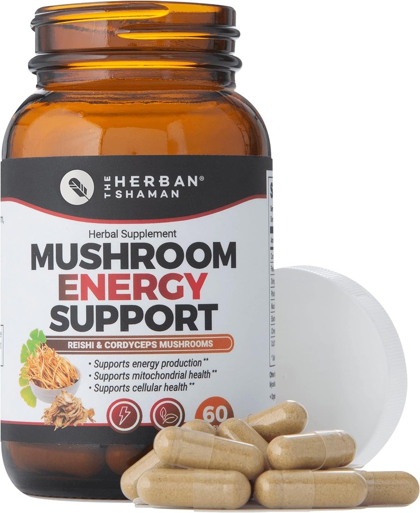 Mushroom תוספת אנרגיה תמיכה - אורגני Mushroom Herbal כמוסות עם Reishi, גינקו, Rhodiola, Maca, סינית גינזנג, CoQ10 + יותר (60 קפסולות)