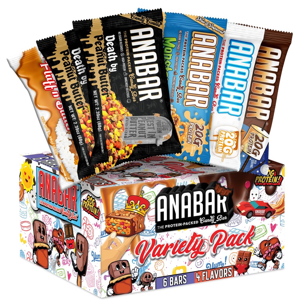 Anabar חלבונים Bar, The Sampler Pack, Theחלבון-Packed Candy Bar, Best Tasting חלבונים Bar, No Sugar אלכוהולs, חלבונים גבוהים, טעים להפליא, 20 גרמות של חלבון (6 Bars, Original Variety)
