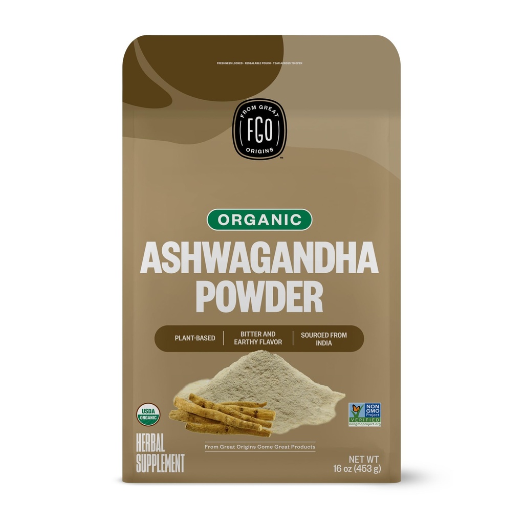 FGO Organic Ashwagandha Root אבקה, 16oz Resealable Bulk Bag, non-GMO, Indian גינזנג, Withania Somnifera, שמקורו בהודו (Pack of 1)