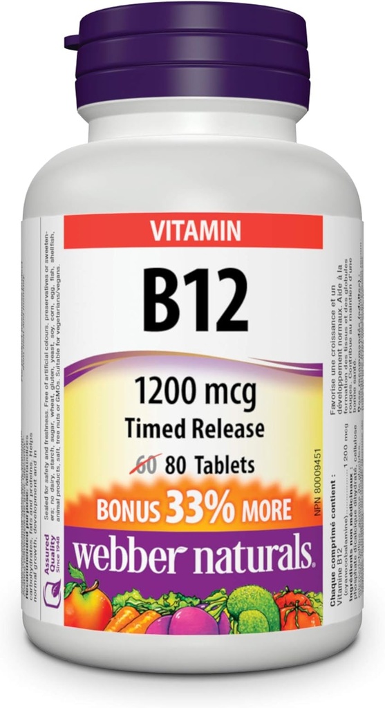 Webber Naturals ויטמין B12 Timed לשחרר 1200mg 80 טבליות