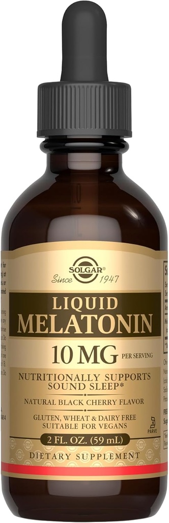 SOLGAR Liquid Melatonin 10 mg, Natural Black Cherry Flavor - 2 fl oz - Great for Jet Lag - Vegan, Gluten & Dairy Free, Kosher - 59 Servings