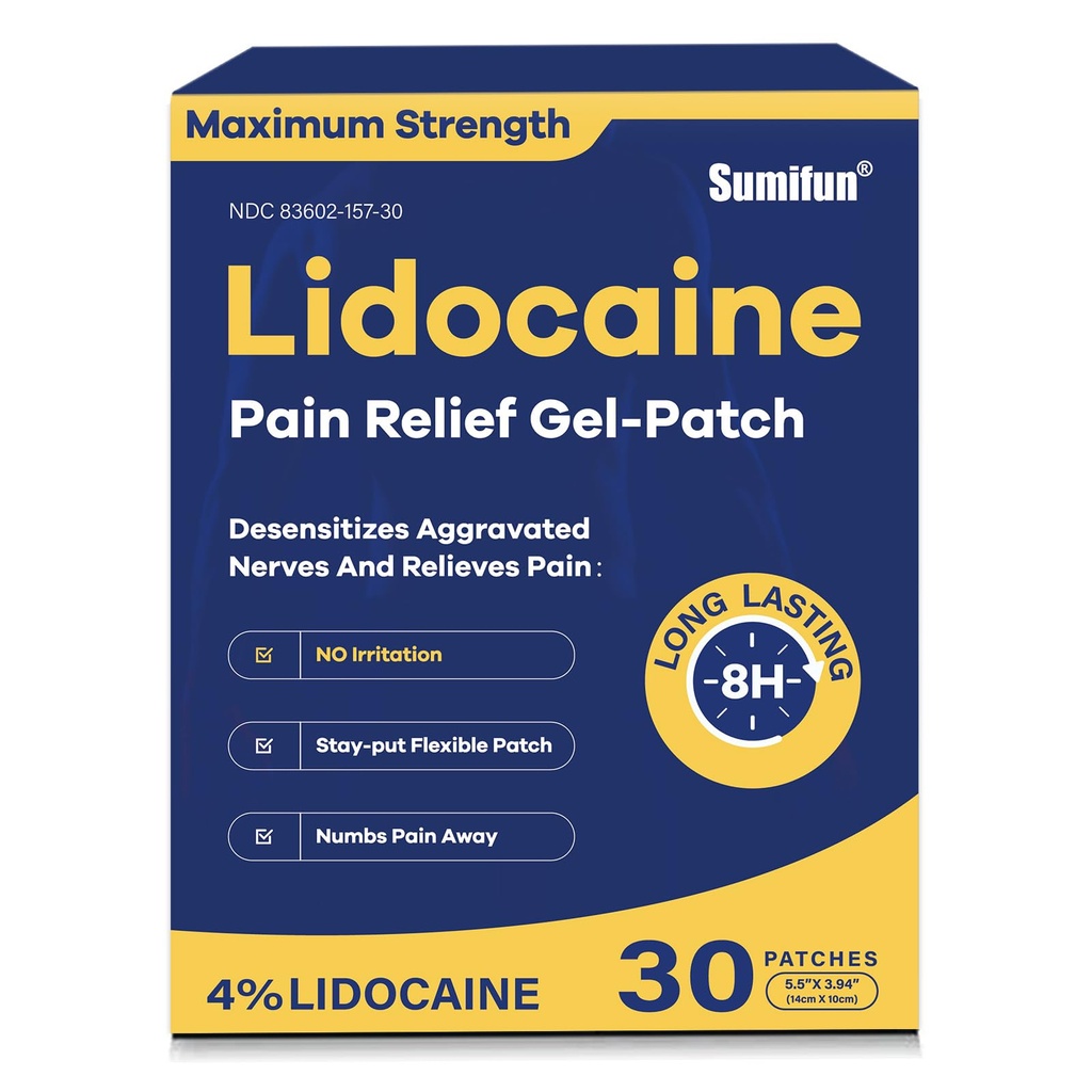 Sumifun 4% Lidocaine Pain Relief Patches 30 ספירה כוח מקסימלי Numbing Gel Patch עבור כאבי ברכיב הצוואר המשותף כאבי גב צ'ה שרירים סוררness Topical Analgesic FSA או HSA Eligible