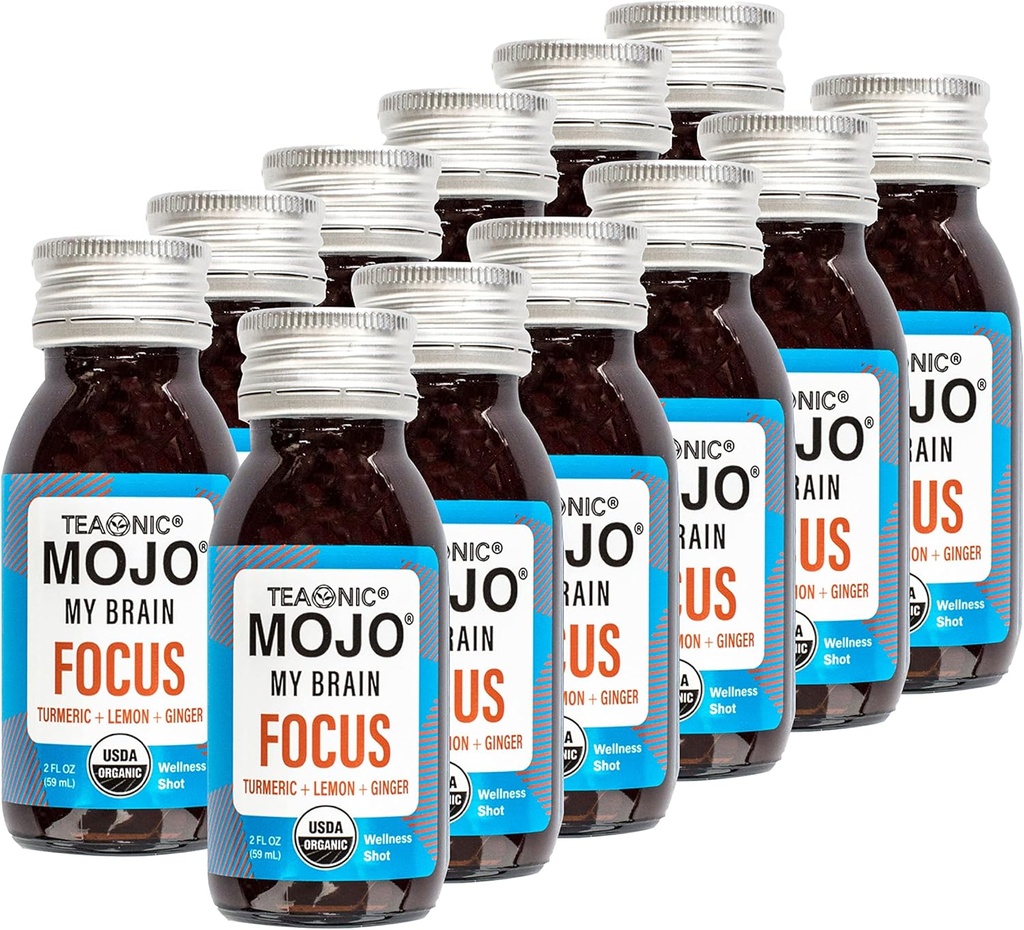TEAONIC My Brain Mojo: Focus Wellness Shots - USDA-Certified Vegan פורמולה עם ג'ינקגו בילובה, ג'ינג'ר, Turmeric - 12 בקבוקי x 2 Fl Oz - כל אחד - Gluten-Free, non-GMO