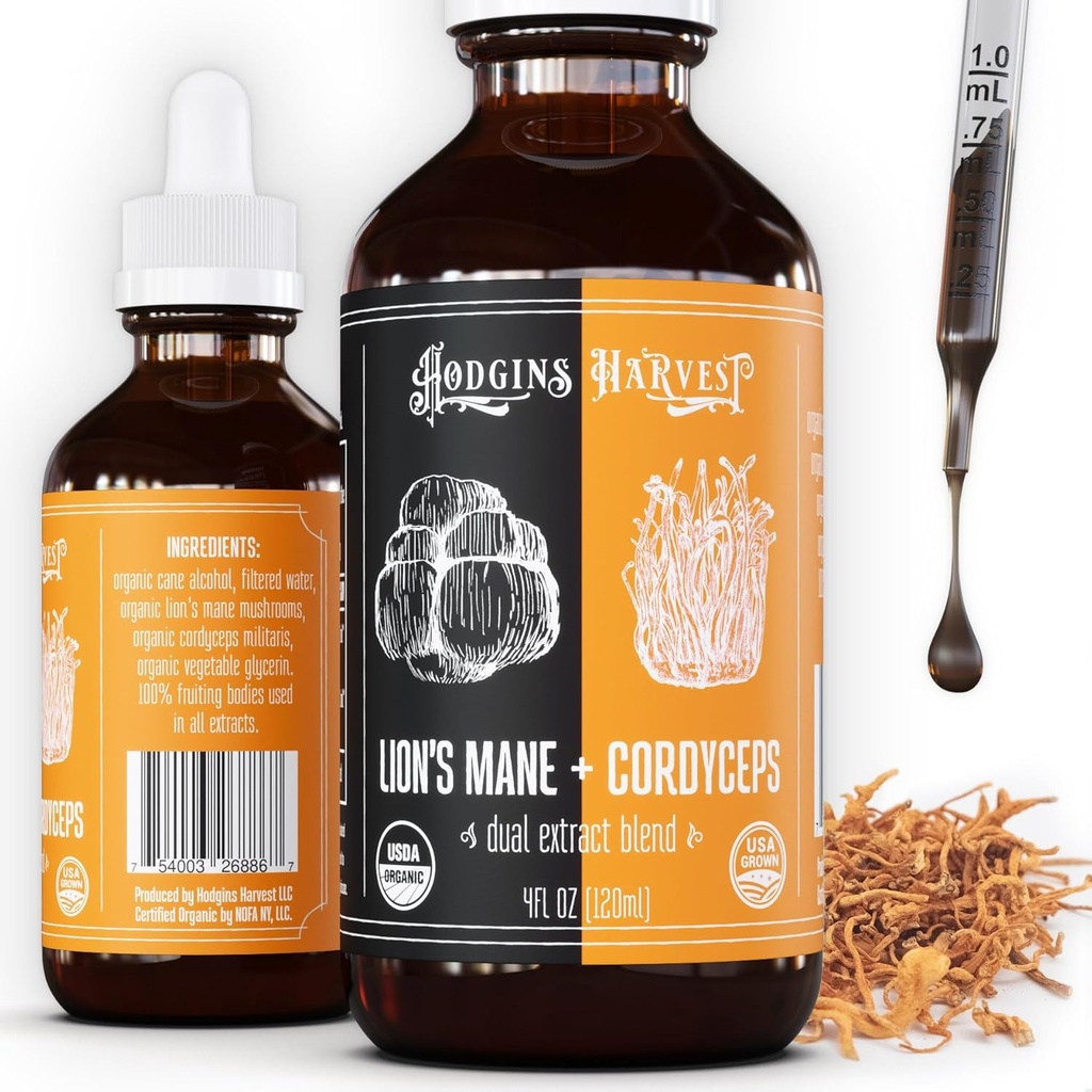הודג'ינס קציר אריה אורגני Mane + Cordyceps Tincture | Made with Mushrooms Grown On Our Farm in the USA | Double Extracted (4 floz)