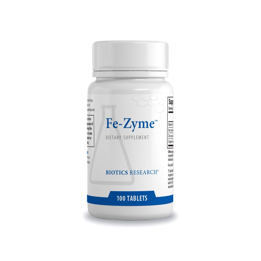 Biotics Research Fe-Zyme 25 מיליגרם ברזל, הוסיף Zinc ו-Copper, תומך בייצור תאים דם אדום רגיל, רמות אנרגיה בריאות 100 טבליות