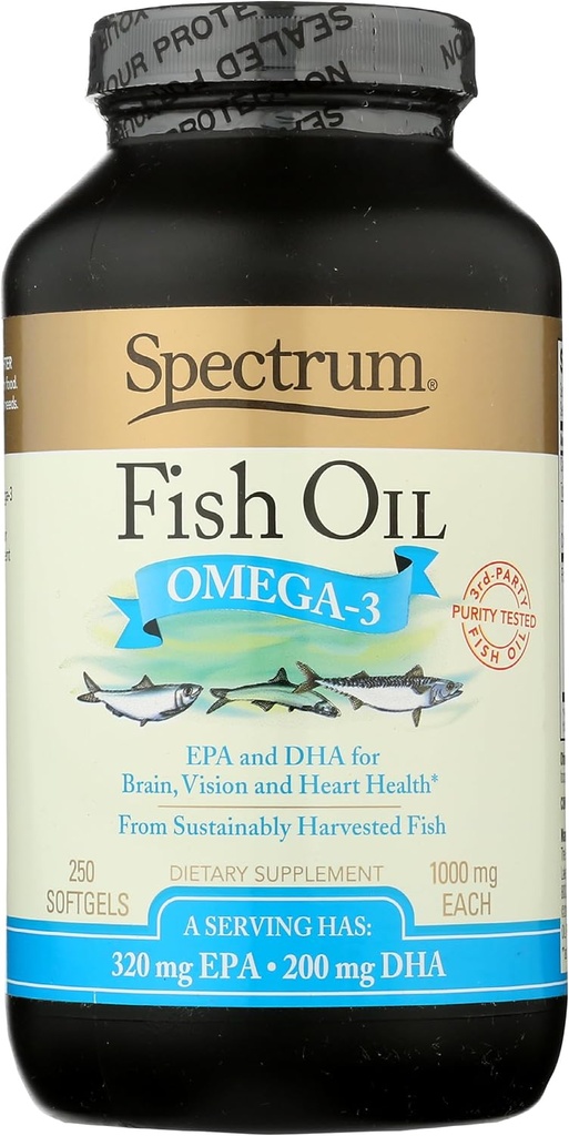 Spectrum Essentials Softgels, Fish Oil אומגה 3, 1000 מ"ג, 250 הרוזן