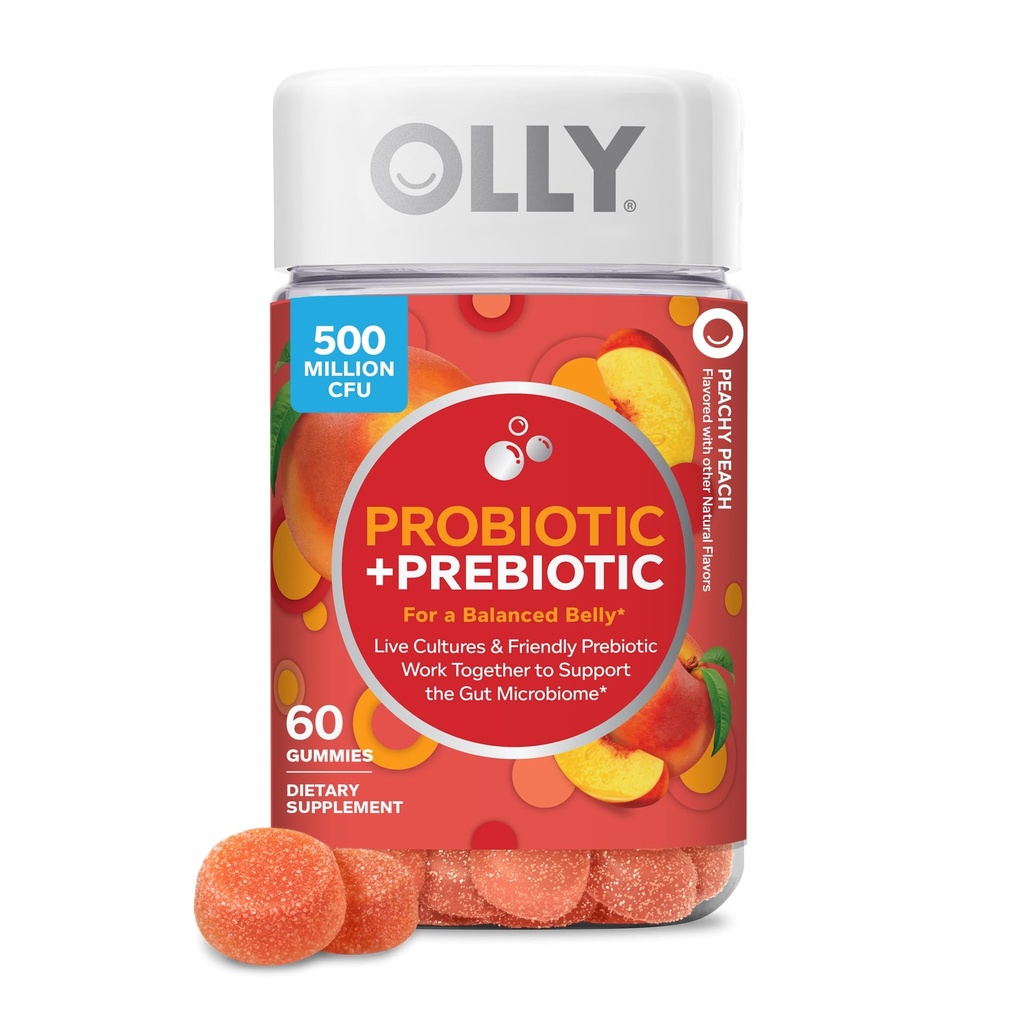 OLLY Probiotic + Prebiotic Gummy, תמיכה תזונתית ו- Gut Health, 500 מיליון CFUs, סיבים, תוספת למבוגרים לגברים ונשים, Peach, 60 יום אספקת 60