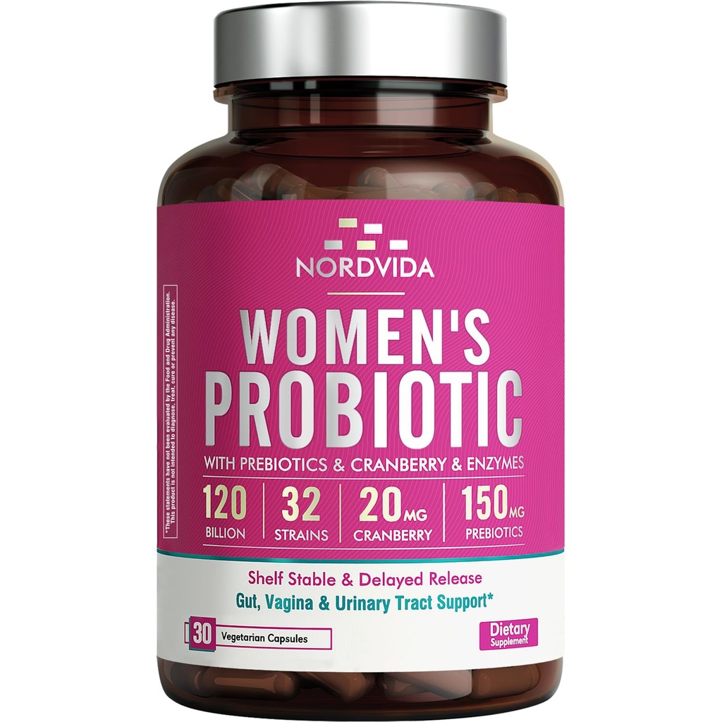 נשים פרוביוטיקה, 120 מיליארד ו-32 סטרינס עם Cranberry, Prebiotics & Digestive Enzymes, Gut, Vaginal & Urinary Tract תמיכה, 30 קפסולות שחרור נדחה נדחה