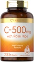 Carlyle ויטמין C עם Rose HIPS 500 מ"ג | 200 טבליות | High Potency Formula | Vegetarian, non-GMO ו- Gluten Free Supplement