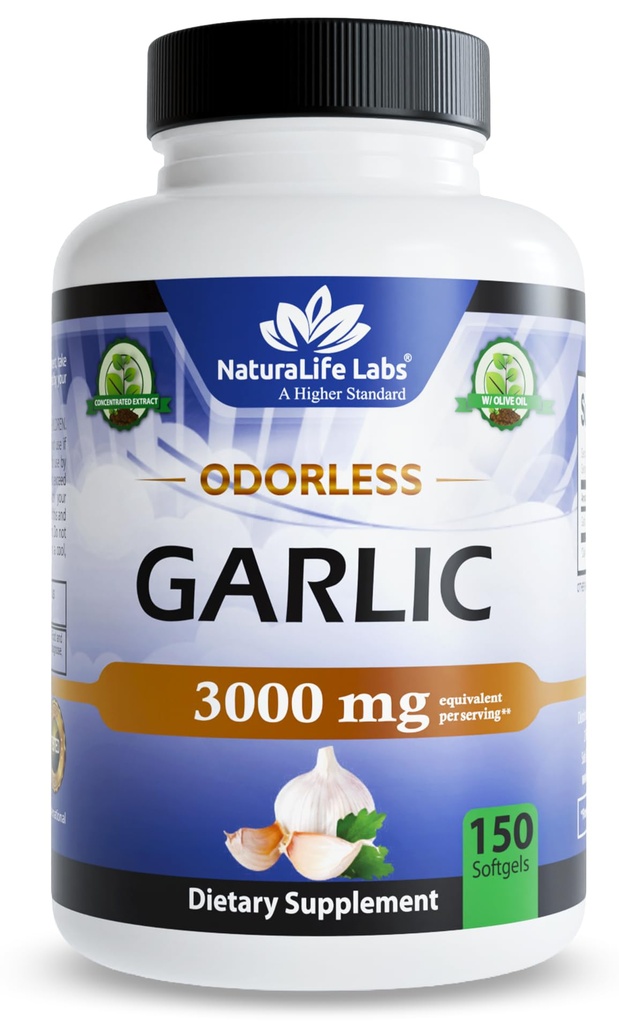 NaturaLife Labs Odorless Garlic - 3,000 מ"ג שווה לשרת - 150 Softgels - Concentrated Garlic Bulb Extract with אורגני תוספת שמן - non-GMO, Gluten-Free