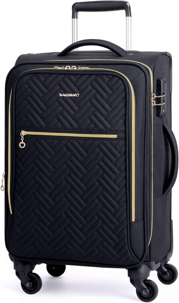 BAGSMART לשאת על Luggage 20 אינץ ', softside הרחבה תיק עם ספיננר גלגלים, Luggage 22x14x9 Airline Approved Rolling Light Weight Suitcases for Women Men, Compact-On (Black)