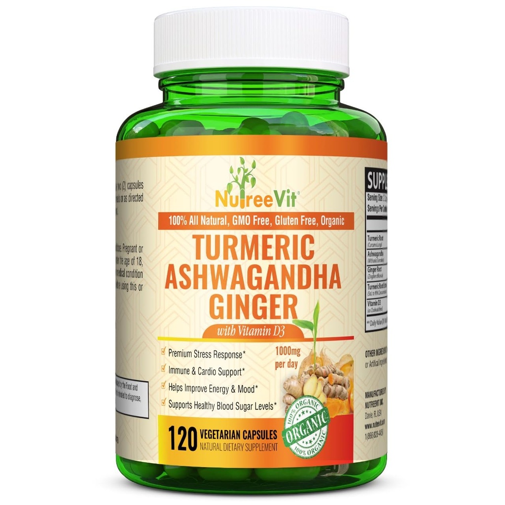 NutreeVit אורגני Turmeric עם אשוגנדה וג'ינג'ר - 120 קפסולות | Ashwagandha Root & Turmeric תוסף עם ויטמין D3 | Herbal תוסף עבור כללי בריאות כללית