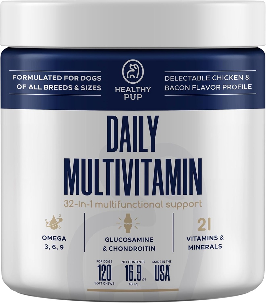 תוספי כלב Multivitamin - 120 Soft Chew דוגמיות ותוספים עם אומגה, פרוביוטיקה, Glucosamine ועוד - עבור כלבים קטנים, גדולים וזקנים