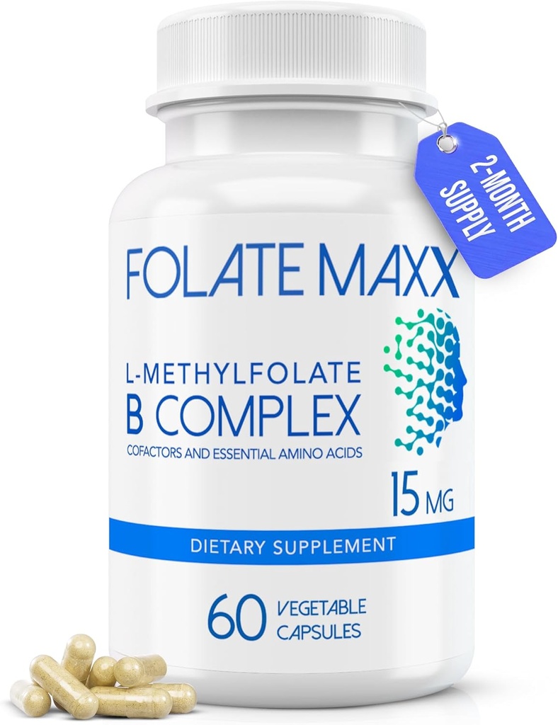 FolateMaxx L-Methylfolate + B12 Methylcobalamin & B6 בלנדר (15 מ"ג) - 60 קפסולות - Active B-Complex with Cofactors & Essential Amino Acids - Non GMO, Gluten Free, No Fillers ללא מילוי