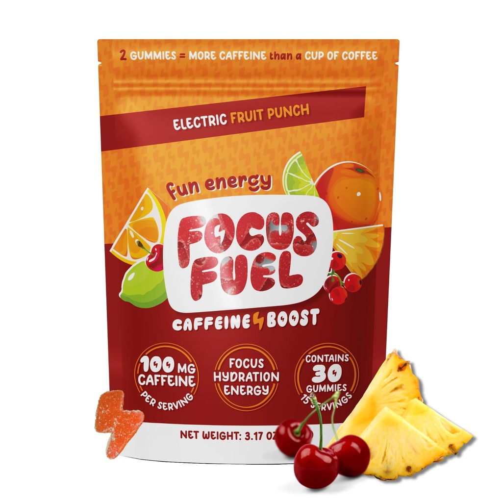 FocusFuel Energy Chews - פירות Punch Flavor (15 משרתים) - 100 מ"ג קפאין + L-theanine + B12, Magnesium - Boost Focus & Energy - No Crash or Jitters