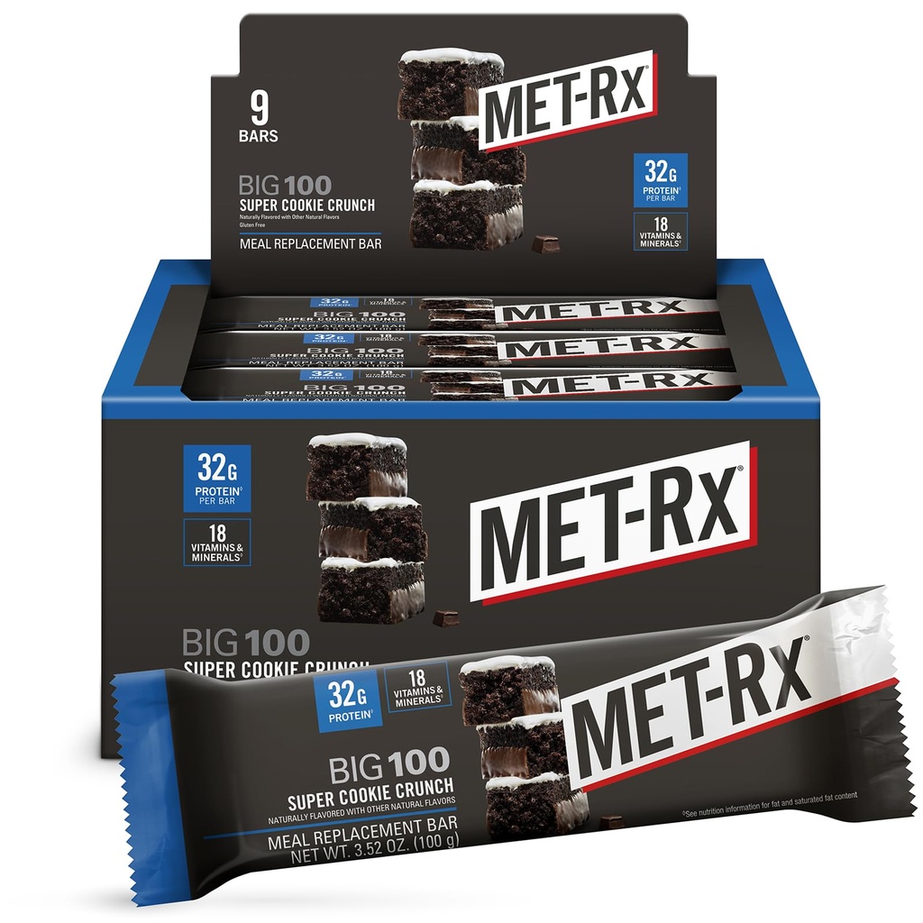 MET-Rx Big 100 חלבונים Bar, Meal Switch Bar, 32G חלבון, Super Cookie Crunch, 9 Bars (Pack of 1)