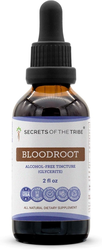 סודות של השבט Bloodroot Tincture אלכוהול ללא תשלום, reponsibed Bloodroot (Sanaria Canadensis) Dried Root Tincture תוסף (2 FL OZ)
