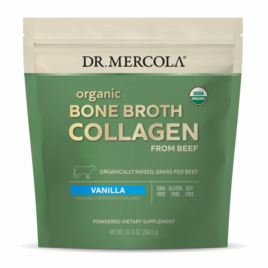 Dr. Mercola אורגני Bone Broth Collagen אבקת - תמיכה בריאות העצם ושרירים צמיחה - USDA אורגני, non-GMO, Gluten-Free & Milk-Free - 30 משרתים - Vanilla Flavor