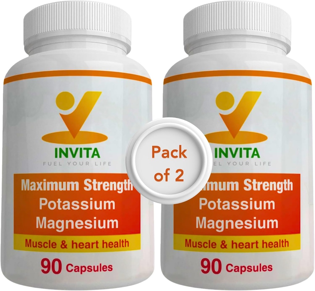 Invita Potassium Magnesium תוסף (180 קפסולות) High Absorption Potassium Magnesium Complex with Aspartate & Chloride - תומך Cardiovascular, השרירים & Nerve Health - Non GMO & Gluten Free Free