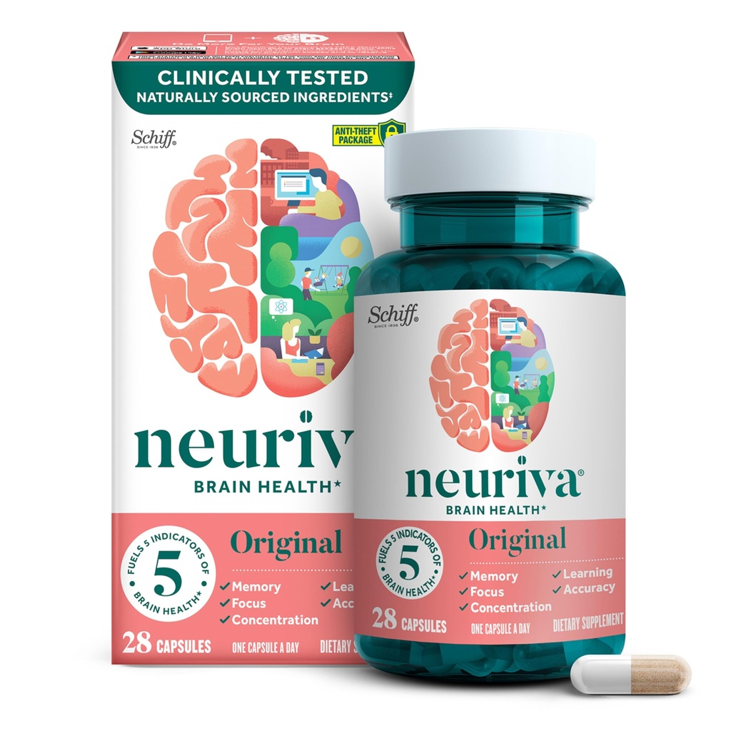 NEURIVA Original Decaffeinated קלינית Tested Nootropic Brain תוסף זיכרון, Focus & ריכוז, NeuroFactor & Phosphatidylserine, 28 קפסולותct
