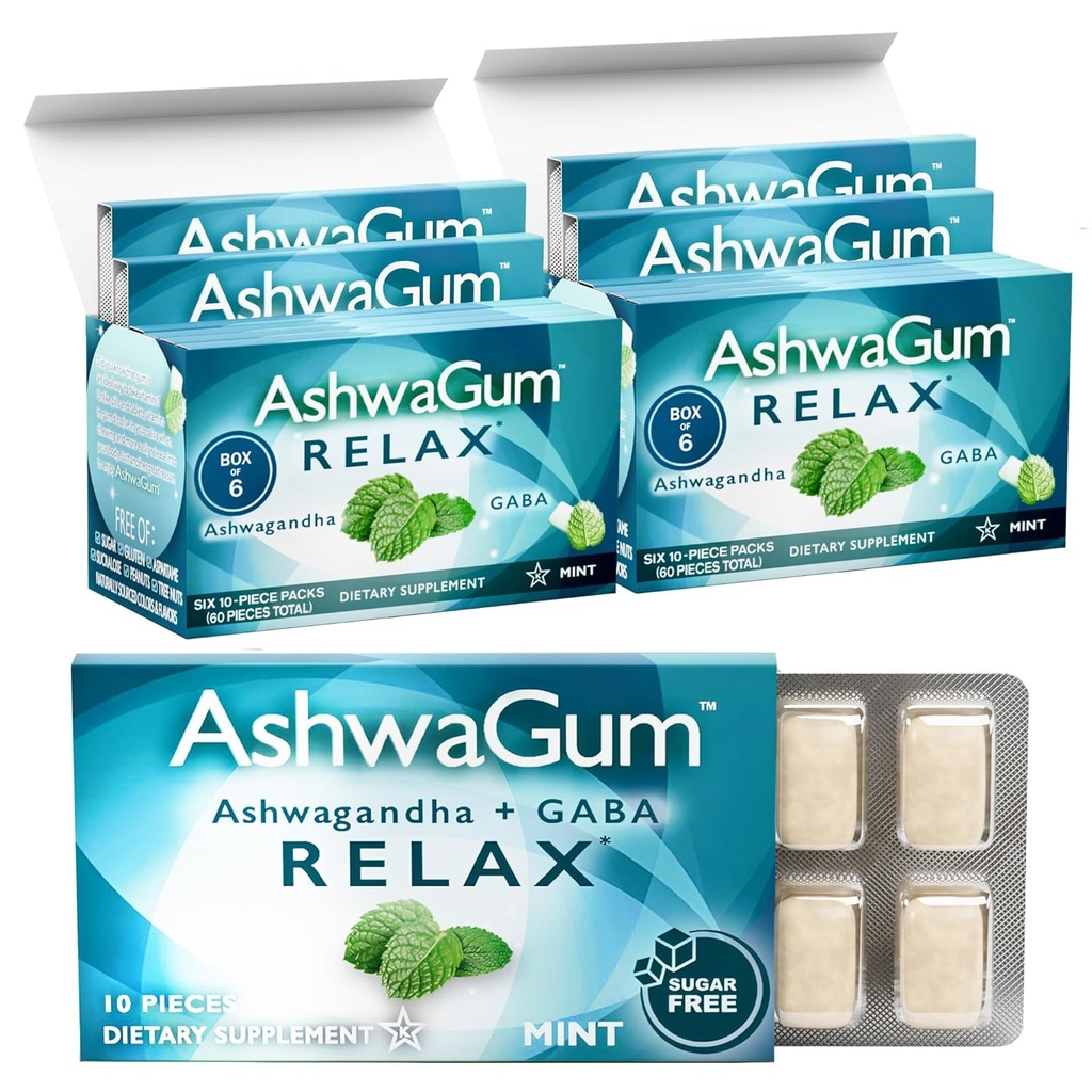 AshwaGum RELAX מסטיק על ידי BetterGum, תוסף בטיחות גבוהה עם KSM 66 Ashwagandha וגאבה, תומך מתח ו- Tension הקלה, אלטרנטיבה לחניכיים, סוכר חינם, Pack של 2