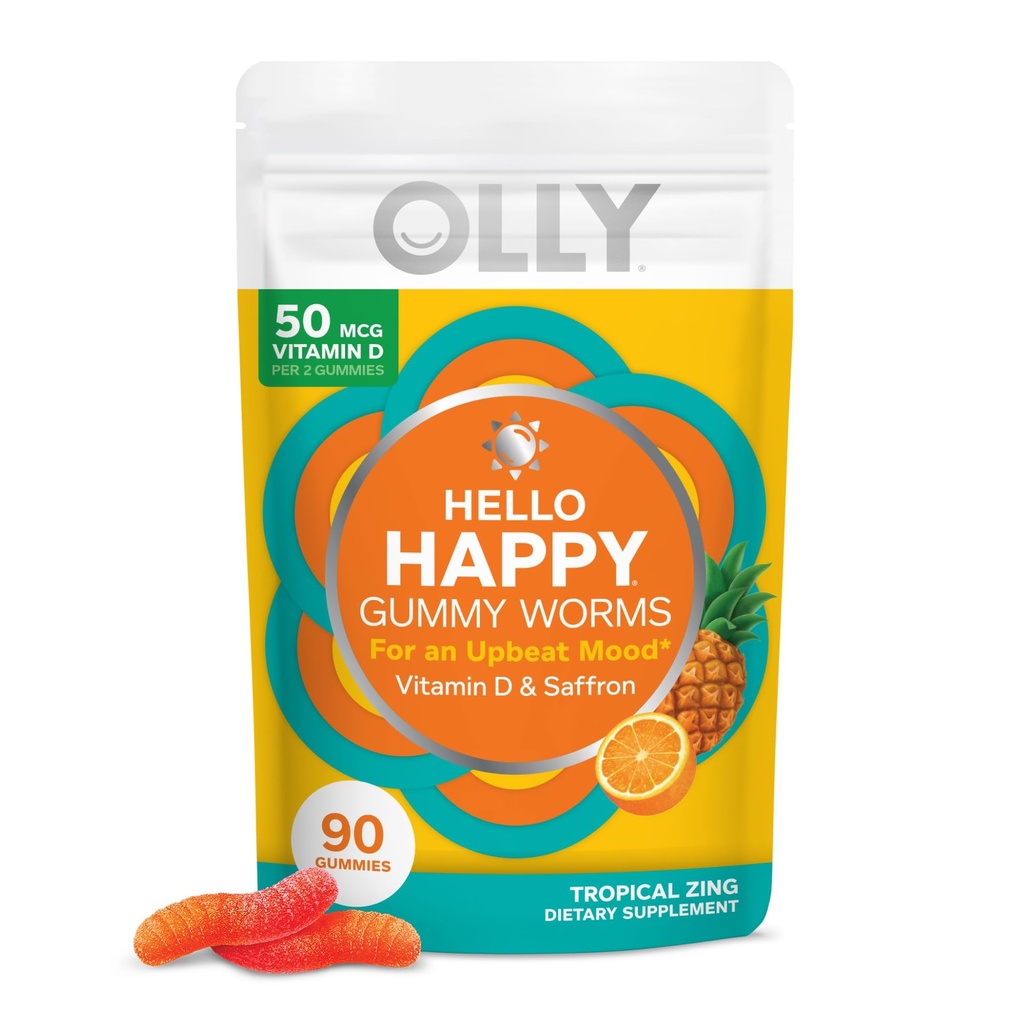 OLLY Hello Happy Gummy Worms, Mood Balance Support, ויטמין D, Saffron, Adult Chewable Supplement, Gluten Free, Tropical Zing - 90 Count