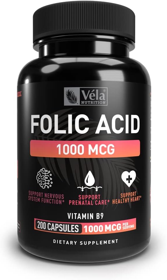 תוסף Folic Acid | 1,000 mcg Per משרת, 200 קפסולות | תמיכה בבריאות הלב, תוספת תמיכה טרום לידתית | Non-GMO, צד שלישי נבדק