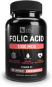 תוסף Folic Acid | 1,000 mcg Per משרת, 200 קפסולות | תמיכה בבריאות הלב, תוספת תמיכה טרום לידתית | Non-GMO, צד שלישי נבדק