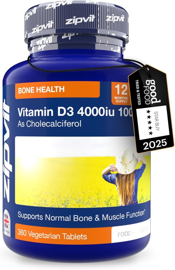 Zipvit ויטמין D3 4000o x 360 טבליות - ויטמין D גבוה כוח גבוה תומך העצם ותפקוד השרירים - שומר על מערכת החיסון | Vegetarian - 12 חודשים אספקת