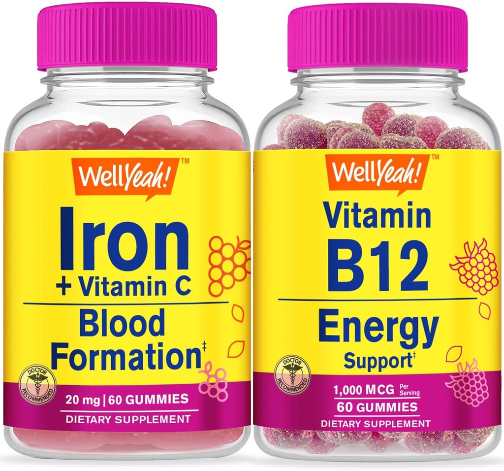 ובכן, ברזל +Vitamin C + ויטמין B12 1000mcg, חניכיים בונדלה - גדול Tasting, ויטמין תוסף, Gluten Free, GMO חינם, Chewable Gummy