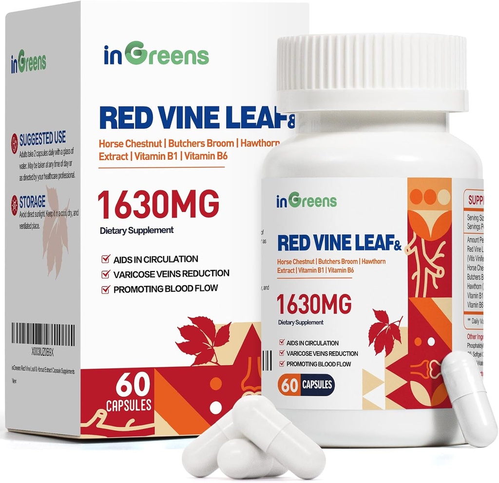 Red Vine Leaf לחלץ 1630 מ"ג עם סוס צ'סטגוז, Broom של Butcher, הות'ורן תוסף עבור Varicose Veins, Leg, Circulation, Heart, Skin, Support for Heart Health, Made in USA, 60 קפסולות