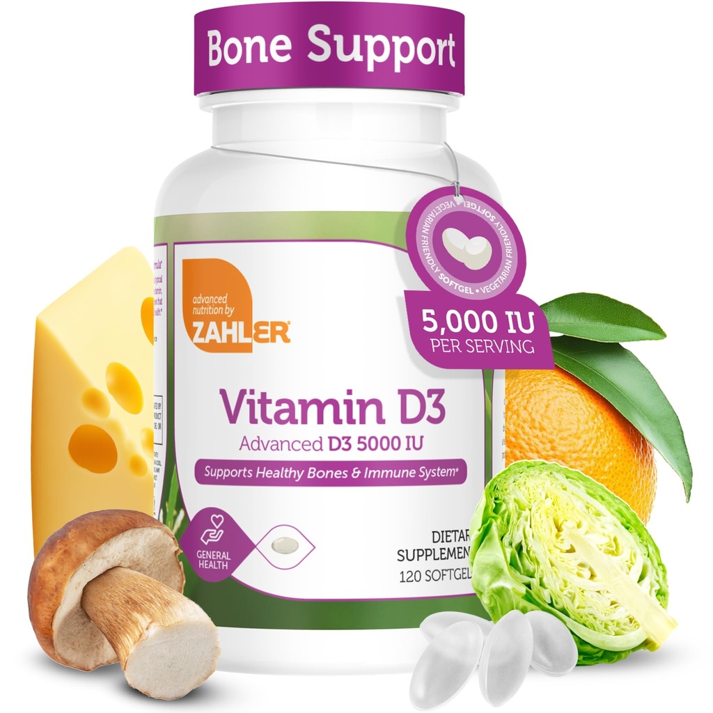 Zahler - ויטמין מתקדם D3 5000 IU Softgels (120 Count) ויטמין ידידותי צמחוני D עבור תמיכה Immune, העצם, שיניים ובריאות השרירים - כל יום D3 ויטמין עבור מבוגרים - Easy Swallow V