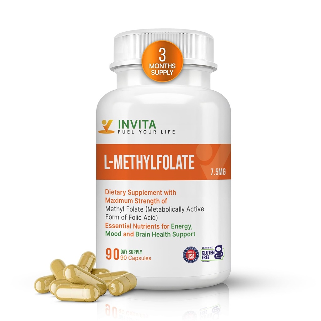 INVITA L-Methylfolate - כוח מקצועי פעיל Methyl Folate - 5-MTHF תוספת אנרגיה, Mood & Immune תמיכה - Non GMO, Gluten Free, No Fillers (7.5 Mg)