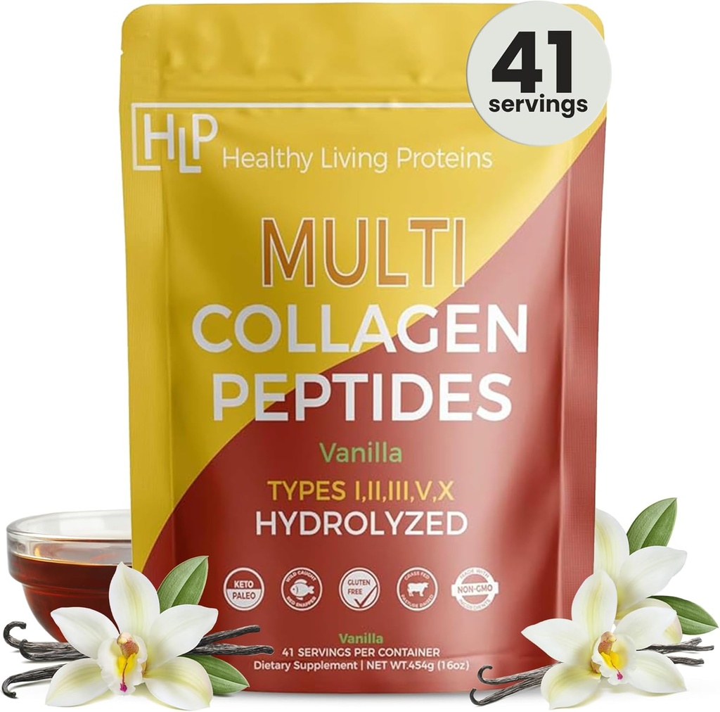 חלבון חי בריא - hydrolyzed Multi Collagen Peptides אבקת סוגים I, II, III, V & X - Grass Fed Bovine, Wildתפס Marine, Free Range Chicken - Gluten Free (Vanilla, 16 oz)