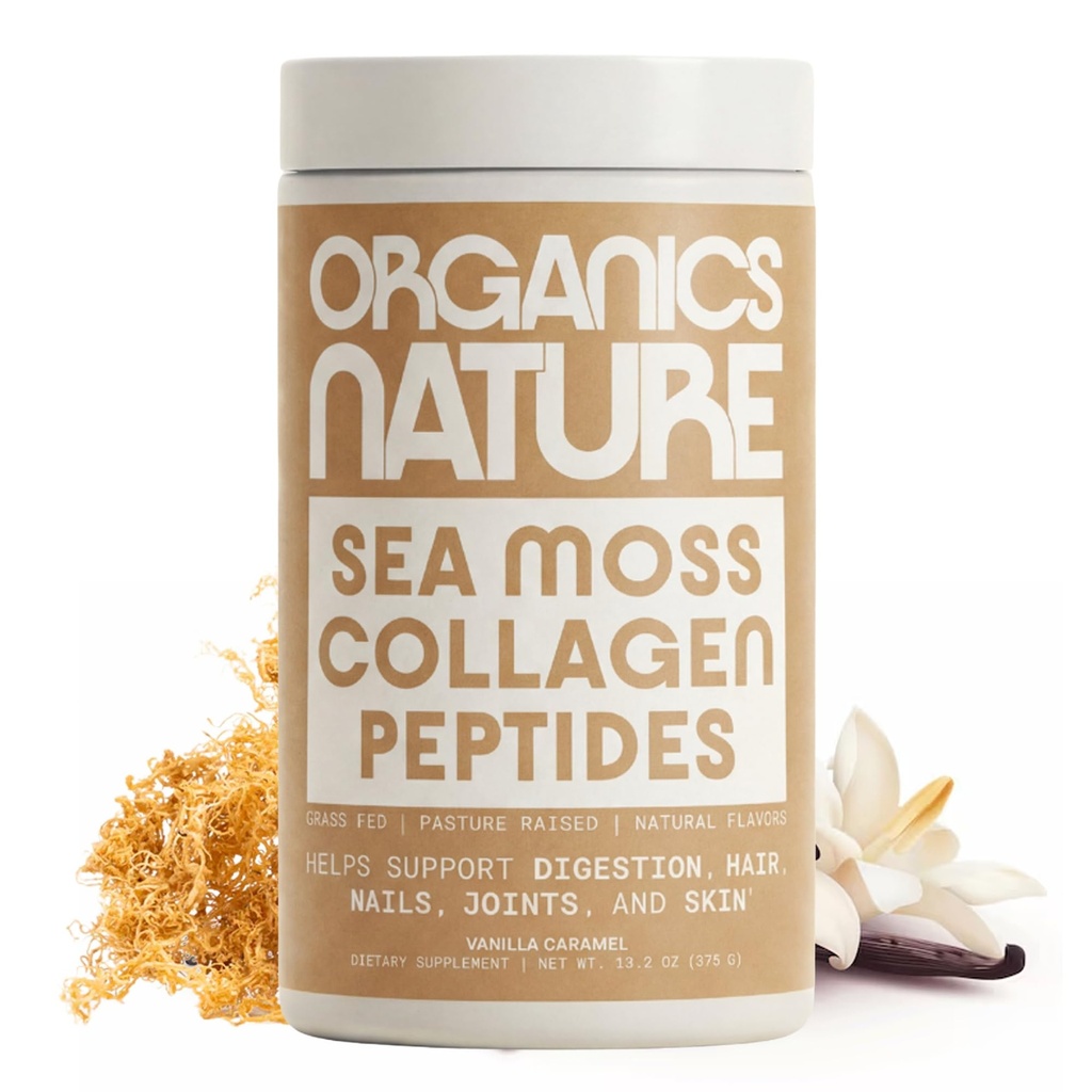 OrganICS NATURE Collagen Peptides אבקת עם ים אירי Moss Vanilla Karamel Flavored | מקורו באופן טבעי hydrolyzed Collagen w/Biotin עבור שיער, עור, ריח, ותמיכה משותפת 30 משרתים 380 grors 380