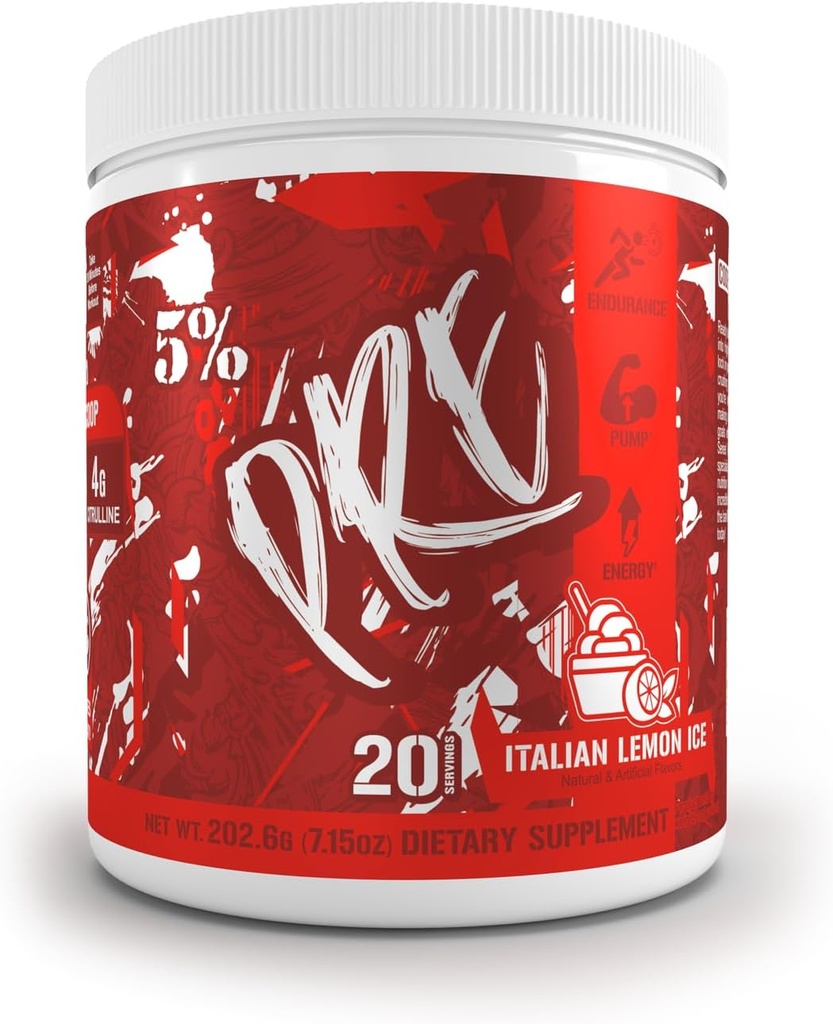 5% תזונה קוד Red Series Pre Workout אבקה לגברים ונשים | אנרגיה, כוח, סינתזת חלבונים והתמקדות | 300 מ"ג קפאין, L-Citrulline, Glycerol, Tairine, Alpha GPC, Huperzine (קרח לימון איטלקי)