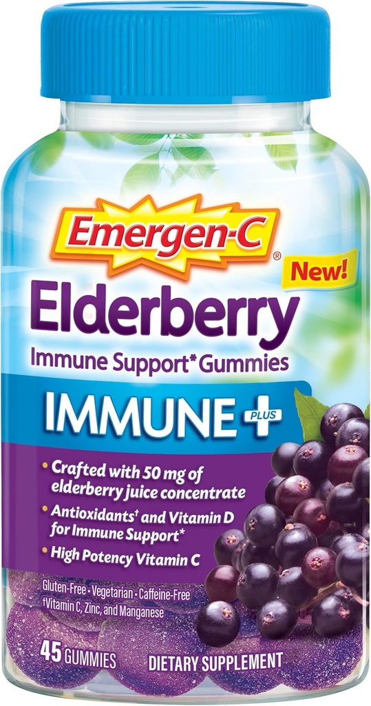 Emergen-C Immune+ Elderberry חניכיים, 750 מ"ג ויטמין C עם ויטמין D, Zinc ו Electrolytes, Immune Support Dietary, Caffeine חינם, Gluten Free, Elder Flavberryor - 45