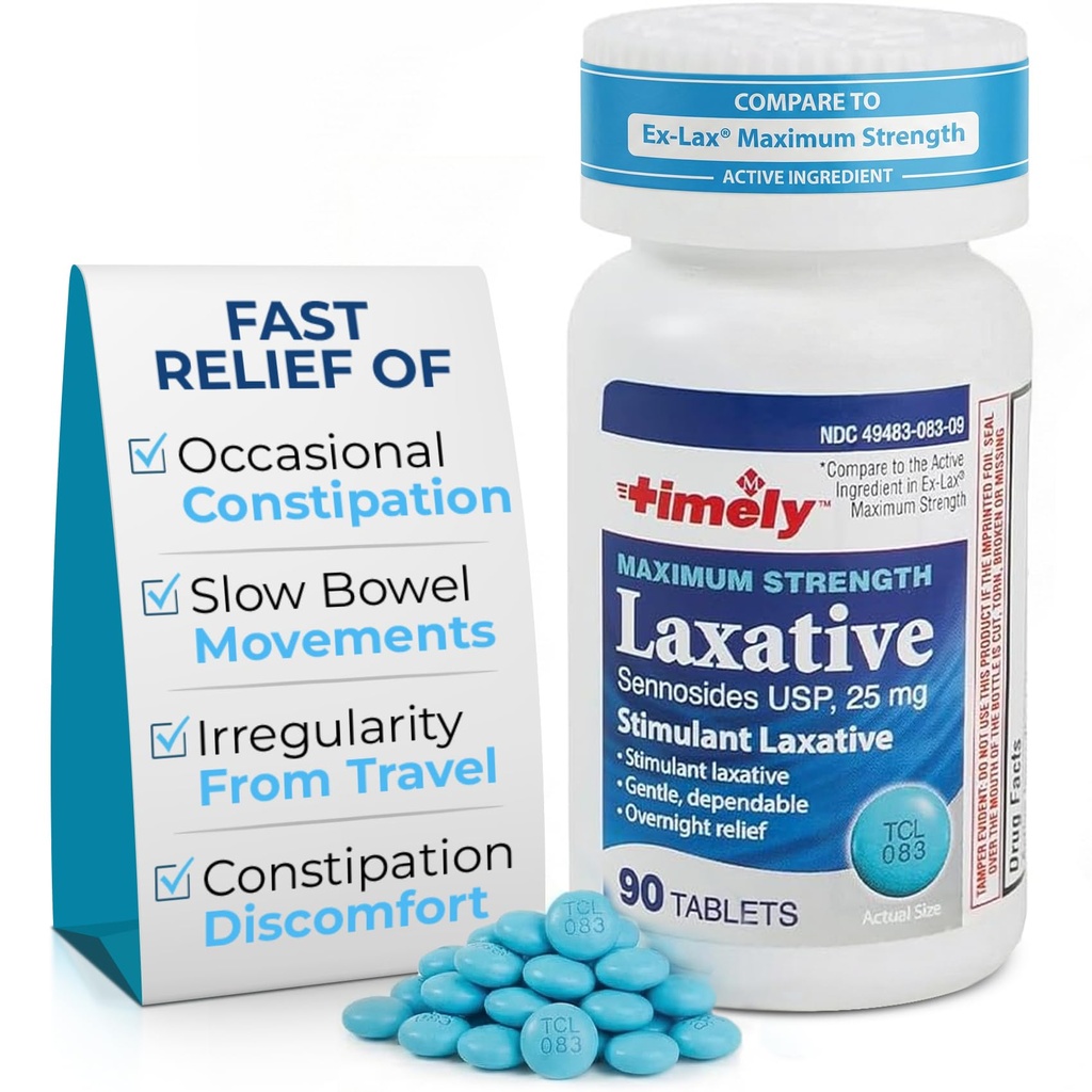 זמן-CAP LABS, INC. Timely - Max Laxatives - 90 טבליות כוח מקסימלי - 25 מ"ג Sennosides Laxative - Occasional Constipation הקלה, הטוב ביותר Laxatives for Constipation Fast Acting