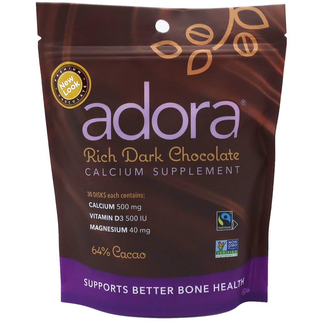 Adora Calcium תוסף, Fairtrade Dark Chocolate, Single Pack - 30 ct