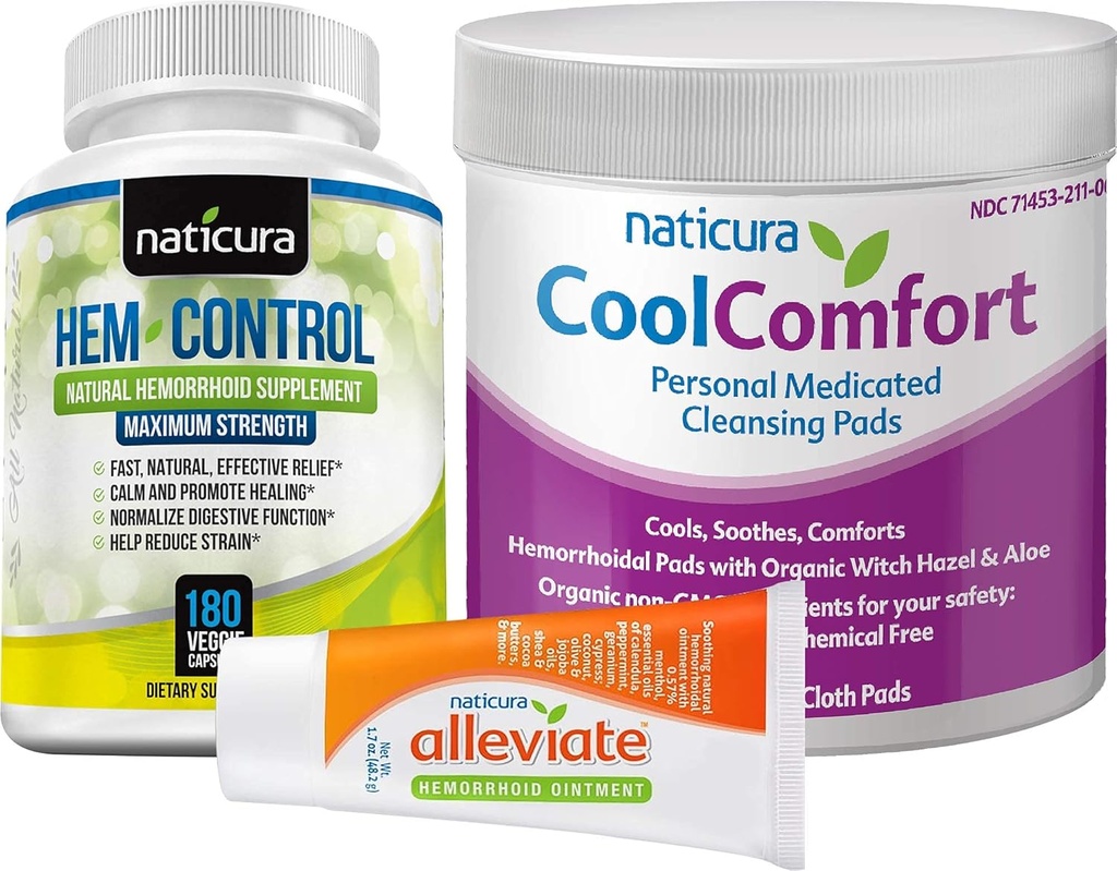 Bundle - Alleviate Natural Hemorrhoid הקלה Ointment, Hem-Control Natural Hemorrhoid תוסף (180 הרוזן), ו- CoolComfort Personal Cleansing Pads (100 Count) - All-Natural, Fast Acting Natural Hemorrhoid Supplementing