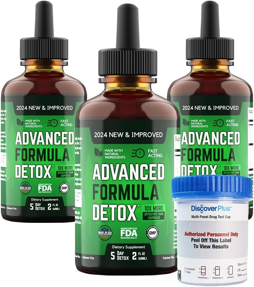 Salutem VitaTM נוזל מתקדם Formula Detox - Detox Kit with Test Cup: תוספי תזונה נוזלית לניקוי גוף מוחלט - תוספת של Toxin Removal - 3 Pack - 2 Fl Oz (20 משרתות)
