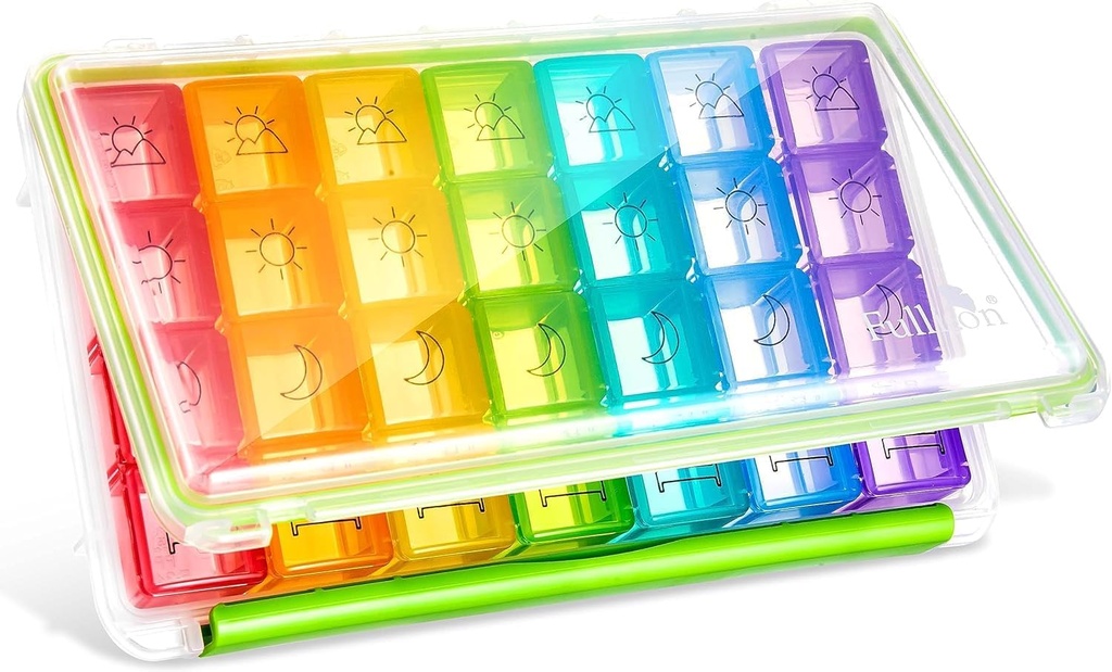 Fullicon Weekly Pill מארגנת 4 פעמים ביום, Pill Box 7 Day for Travel, Moisture-Proof Daily Pill Box מארגנת, חבילת גלולות גדולה לרפואה, ויטמין, שמן דגים, ו- (Clear and Green)