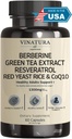 VINATURA Berberine HCL & Ceylon Cinnamon - Red Yeast Rice & CoQ10 1300 מ"ג עבור שירות *USA Made & Tested * רמות בריאות עם תמצית תה ירוק, Resveratrol, Magnesium, Glycinate, Chromi Picolinate
