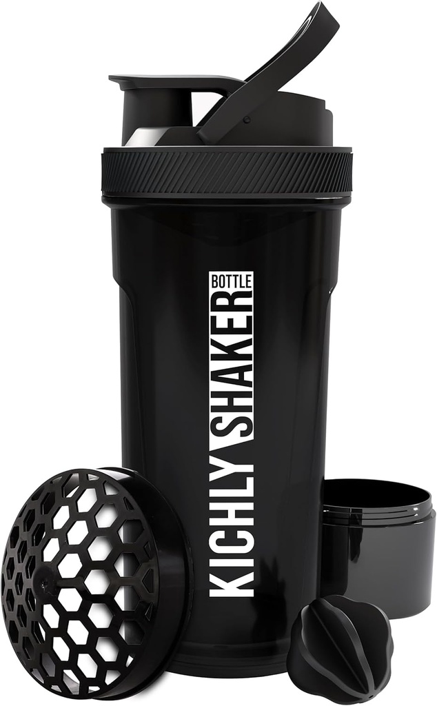 KICHLY Shakerבק 1 Pack - 24 Ounce פלסטיק חלבון Shaker בקבוק עבור Pre & Post אימון עם Twist & Lock חלבונים אחסון (Black)
