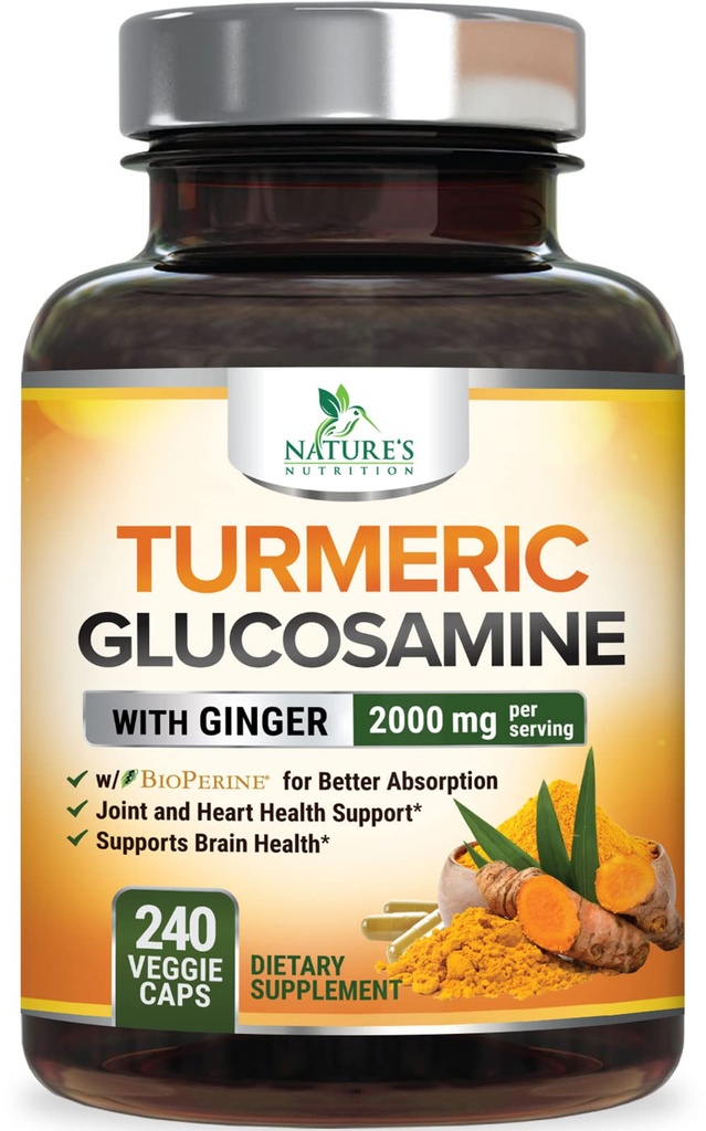 תוסף Turmeric Curcumin 2000mg - 95% Curcuminoids עם Glucosamine, ג'ינג' & MSM, BioPerine Black Pepper עבור הטוב ביותר Absorption, תמיכה טבעונית של הטבע, Non-GMO, בבקבוק בארה"ב - 240 קפסולות