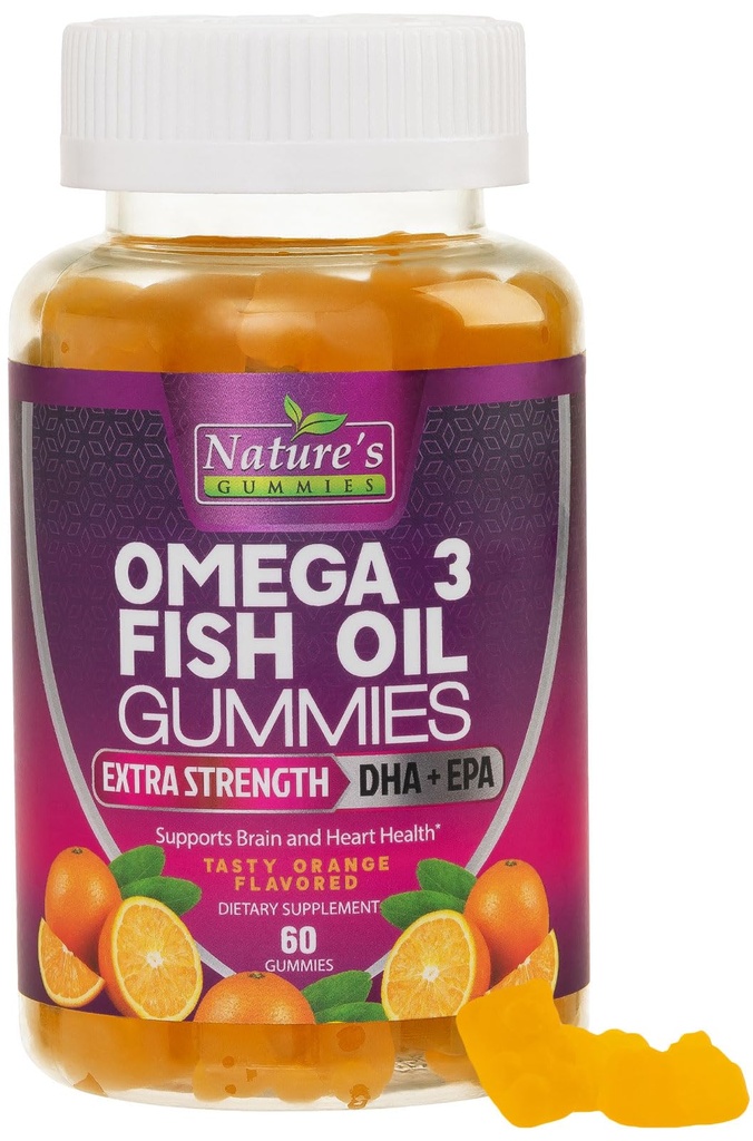Omega 3 Fish Oil Gummies - Extra Strength Omega-3 Supplement with High Absorption EPA & DHA - Best Essential Fatty Acids for Heart Health, Brain & Joint Support, Non-GMO Orange Flavor - 60 Gummies